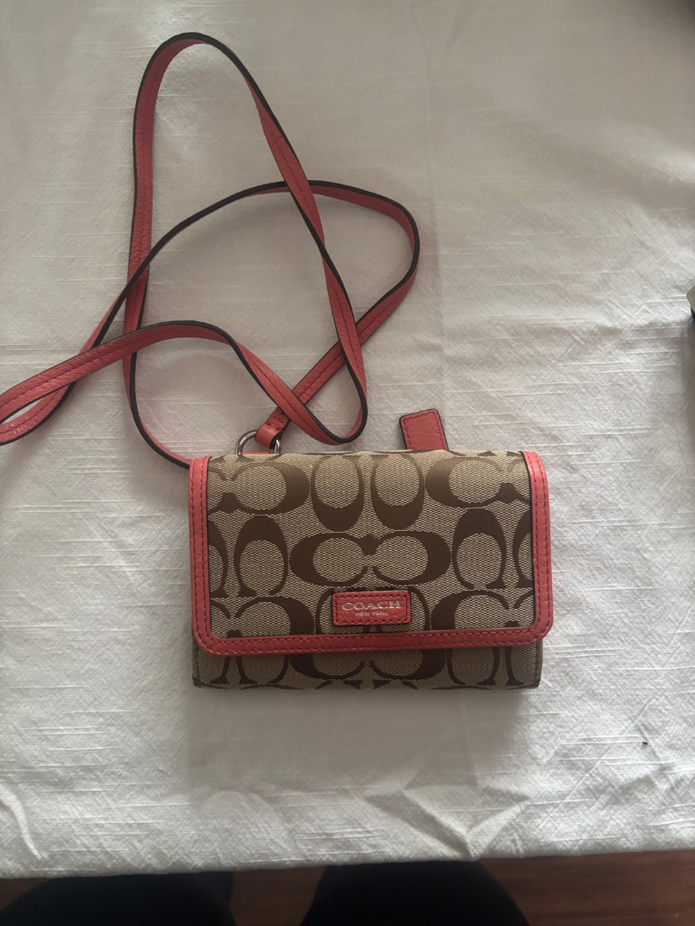 Coach Signature Canvas Crossbody in Tan with Coral Trim RARE